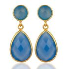 Blue Chalcedony Gemstone 18K Gold Plated 925 Silver Drop Earrings Jewelry