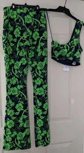 Zara Flare Knit Pant + Top Set Small Green Floral Print Navy Blue Retro Festival - Picture 1 of 21