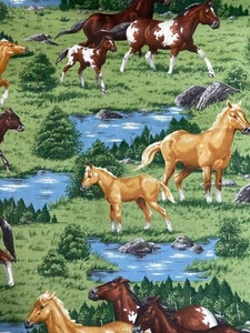 Horses and Foals on Grass Field Fabric Printed in USA Cranston BTFQ Rare OOP - Picture 1 of 3