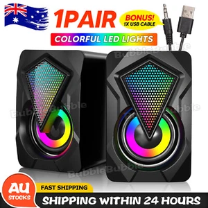 2x Computer Speaker Loud Sound with LED RGB Light for PC Laptop Stereo Desktop - Picture 1 of 10