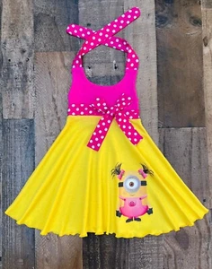 Minions Birthday Girl Yellow & Hot Pink Twirl Dress | Minions Girl Clothing - Picture 1 of 1