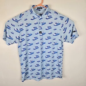 Bad Birdie Mens Polo Shirt Large Blue with Cars Golf Carts All Over Print - Picture 1 of 7