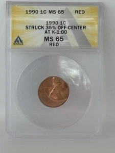1990 Penny Struck 35% Off-Center Anacs MS 65 Red Lincoln - Picture 1 of 2