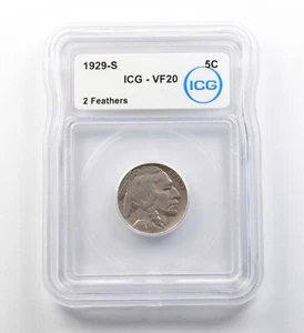 1929-S Indian Head Buffalo Nickel 2 Feathers VF20 ICG ERROR *8197 - Picture 1 of 3