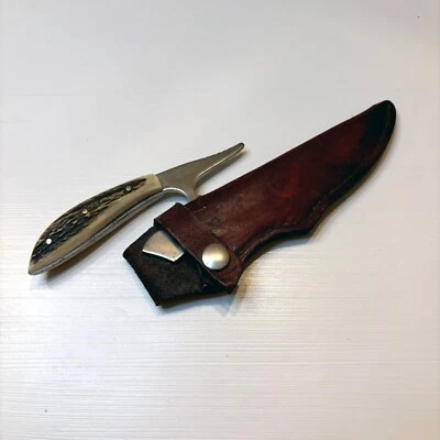 Cuchillo de trinchera de ciervo de hoja fija William Bill Miller de colección raro con funda de cuero Foto 1 de 4