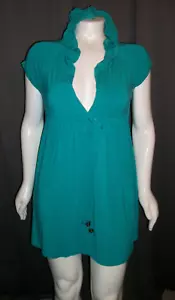 Size L Dotti turquoise V-neck plunge stretchy waist hooded short sleeve dress - Picture 1 of 4