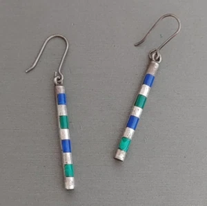 Sterling Silver Lapis Malachite Inlay Stick Earrings Blue Green Stripes 1 7/8” - Picture 1 of 6