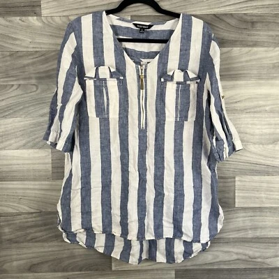 Blusa Camisa Mujer Ellen Tracy L Azul Blanco Rayas 100% Lino Marinero Náutico Foto 1 de 4