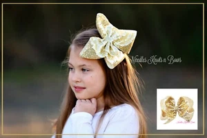 Girls 8" Gold Sequin Hair Bow, Large Party, Christmas, Birthday, Hair Bow - Picture 1 of 4