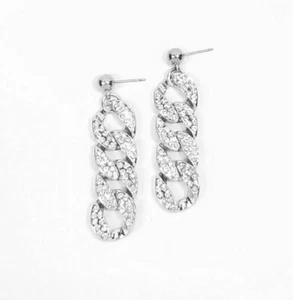 E0434 Silver Tone Clear Rhinestones Cuban Chain Link Drop Dangle Post Earrings - Picture 1 of 4