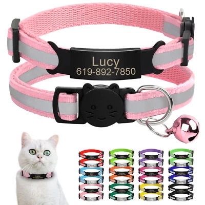 Personalized Reflective Breakaway Cat Kitten Collar & Pet Name ID Tag No Noise - Image 1 of 4