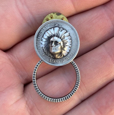 Antique Native American Indian Chief Silver Repousse Pop Push Out 3D Coin Pin Cover