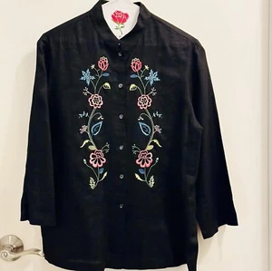 Nice EASY SPIRIT Black Linen with Flower Embroidery Blouse Top size 6 - Picture 1 of 6