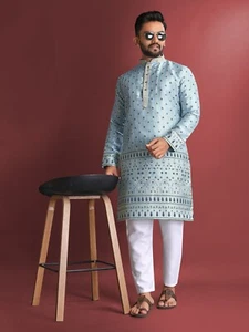 Pijama Kurta indio de algodón puro para hombre ropa de boda elegante rayón listo para usar - Imagen 1 de 7