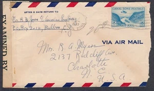 Canal Zone 1943 Balboa Censored Airmail Cover to Charlotte USA 15c Postage WWII - Picture 1 of 2
