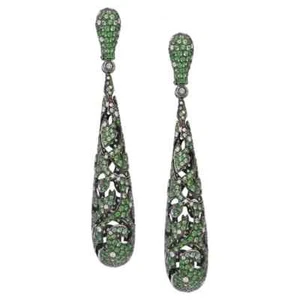 Pave Set Syn Emerald Dangle Earrings 925 Fine Silver Art Deco Elegant Jewelry - Picture 1 of 10