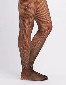 PRESTIGE BIATTA BLACK SMALL GAUGE FISHNET TIGHTS WITH BRIGHT RHINESTONES - Picture 1 of 1