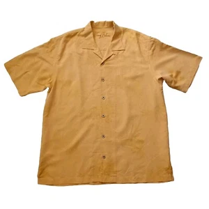 Tommy Bahama Shirt Mens L Gold Button Up 100% Silk Hawaiian Beach Embroidered - Picture 1 of 17