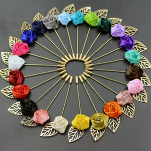 Men Rose Flower Golden Leaf Lapel Pin Wedding Party Business Brooches Corsage - Picture 1 of 18