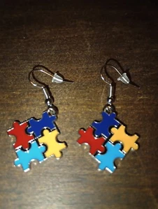 Autism Awareness Colorful Enamel Puzzle Piece Fishhook Dangle Earrings Free Ship - Picture 1 of 1