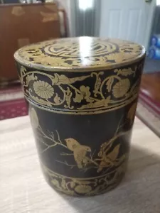 Barattolo cinese vintage anni 20 dipinto a mano oro, laccato nero, scatola - Foto 1 di 12