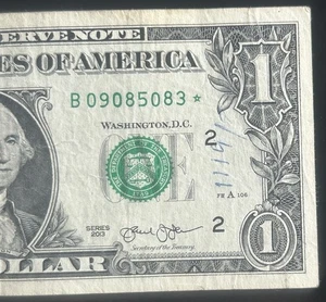 (B 2013 DUPLICATE STAR NOTE!) $1 Duplicate Star Note B09085083* Series B 2013 FW - Picture 1 of 4