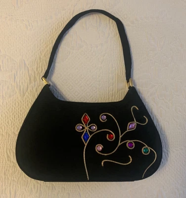 Bolso de mano vintage Y2K J.Renee negro gamuza con joyas con detalles dorados Foto 1 de 4