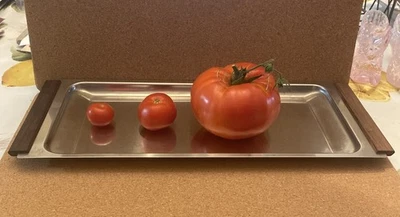 Vintage MCM Danish Stainless Steel Serving Tray Teak Handles - Image 1 of 4