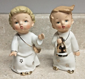 2 VTG 1950s White Gold Porcelain Christmas/New Year Winged Angel Figurines JAPAN - Picture 1 of 11