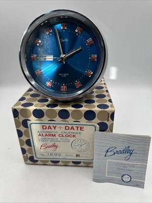 Vintage Bradley 51114 Chrome Alarm Clock MCM Space Age Day/Date Feature  WORKING - Image 1 of 4