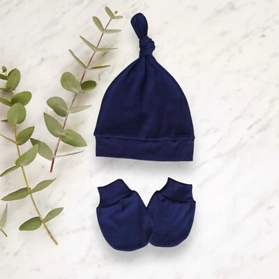 Sombrero de nudo superior azul marino, mitones para ir a casa conjunto de regalo de baby shower/talla 0-6 M Foto 1 de 4