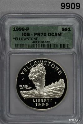 1999 P YELLOWSTONE COMMEMORATIVE SILVER DOLLAR ICG CERTIFIED PR70 DCAM #9909 - Image 1 of 3