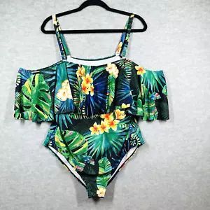 Womens One Piece Swimsuit Size 16W Floral Off Shoulder Ruffles Tropical Beach - Picture 1 of 18