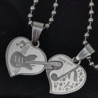 Collana doppio ciondolo LOVE ROCK MUSIC coppia pendenti+catenina cuore regalo - Immagine 1 di 4