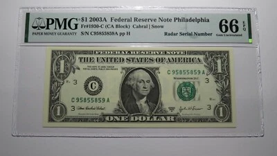 $1 2003 Radar Serial Number Federal Reserve Currency Bank Note Bill PMG UNC66EPQ - Image 1 of 3