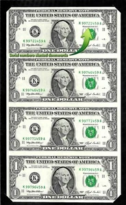 ERROR SERIAL on UNCUT Sheet of 4 $1 One Dollar Bills 1993 E3 position UNC - Picture 1 of 8