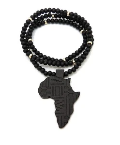 RAPPER STYLE BLACK AFRICA PENDANT & 6mm 26" WOODEN BEAD CHAIN HIP HOP NECKLACE - Picture 1 of 15