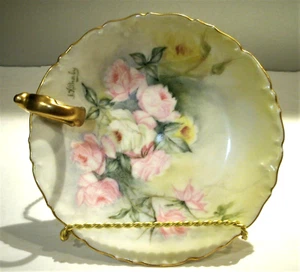 Antiker T & V Limoges Künstler signierter Griff Windel Servierteller rosa Rosen 6 Zoll - Bild 1 von 7