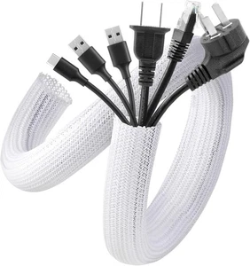 Cable Sleeve Cover Cord Management Wire 2 Pk 5ft 1.2" Protect White Cat Dog Chew - Afbeelding 1 van 7
