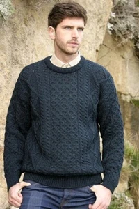 Aran Crafts Irish Soft Cable Knitted Crew Neck Unisex Sweater 100% Pure New Wool - Picture 1 of 6