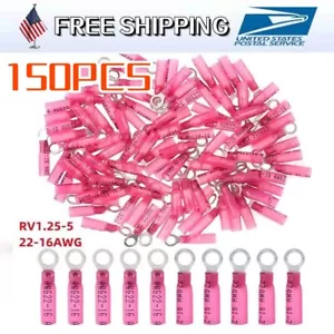 150 STCK. Rot 22-16 AWG Schrumpf Draht Crimp Verbinder Ring Klemmen M5 #10 Bolzen - Bild 1 von 2