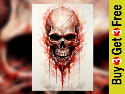 Calavera inquietante salpicada de sangre, impresión de pintura en acuarela 5"x7" en papel mate Foto 1 de 4