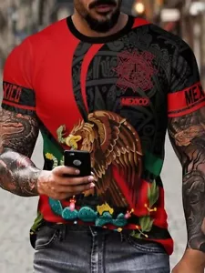 Camiseta Águila Azteca Mexicana Cactus Moda México Hombres Manga Corta Roja Negra Camiseta - Imagen 1 de 2