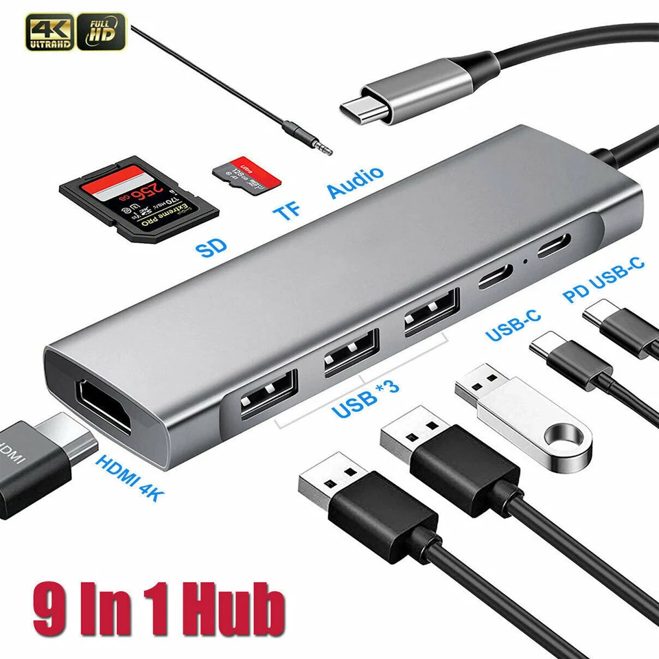 9 in 1 Multiport USB 3.0 Type-C Adapter USB-C HUB to 4K HDMI For Pro Air MacBook - Image 1 of 4