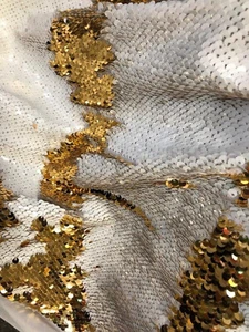 Gold/White   5mm Flip-Up Sequin on Spandex, 54" inch, Sold By Yard - Picture 1 of 3