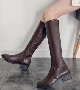 Botas de montar para mujer punta cuadrada hasta la rodilla tacón bajo plano cremallera bota de caballero - Imagen 1 de 10