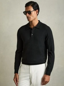 Camisa Polo de Lana Merino REISS Trafford Top en Negro Talla M - Imagen 1 de 5