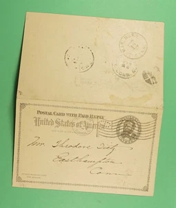 DR WHO 1897 DOUBLE POSTAL CARD BOSTON MA FLAG CANCEL R07941 - Picture 1 of 2