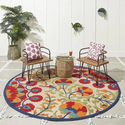 Round Red Floral Outdoor Rug 7ft 10in Multi Color Contemporary Style Soft Pile - Image 1 of 4