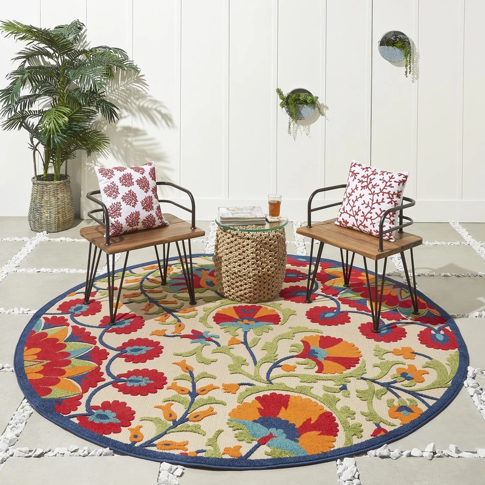 Round Red Floral Outdoor Rug 7ft 10in Multi Color Contemporary Style Soft Pile - Image 1 of 4